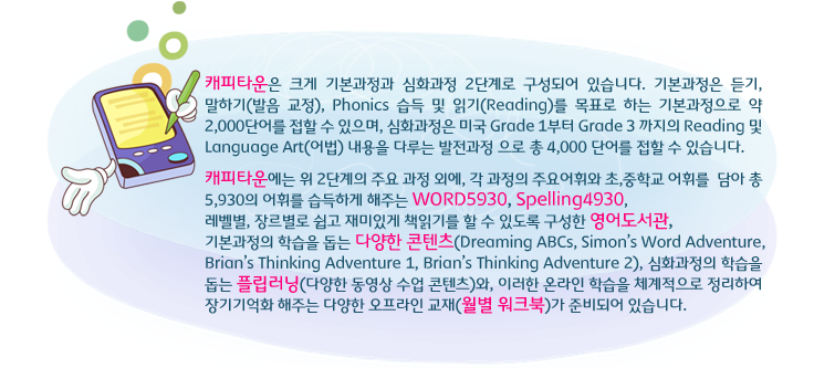 캐피타운은 크게 기본과정과 심화과정의 2단계로 구성되어 있습니다. 기본과정은 듣기, 말하기(발음 교정), Phonics 습득 및 읽기(Reading)를 목표로 하는 기본과정으로 약 2000단어를 접할 수 있으며, 심화과정은 미국 Grade 1부터 Grade 3 까지의 Reading 및 Language Art(어법) 내용을 다루는 발전과정으로 총 4000 단어를 접할 수 있습니다.